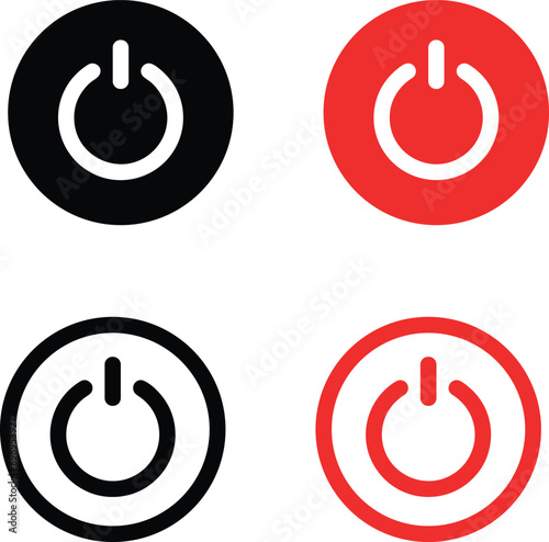 Power switch icon set. Start and shutdown computer button. Black and red symbol off and on. Sign switch for design prints. Flat circle pictogram. Silhouette Round energy signs. Vector illustration