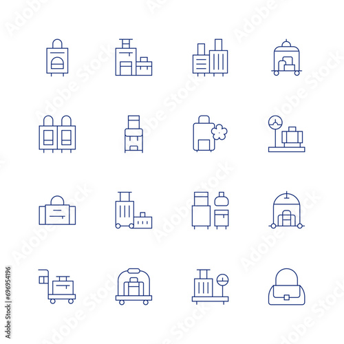 Luggage line icon set on transparent background with editable stroke. Containing travel, baggage, suitcase, backpack, sport bag, trip, trolley, hotel cart, luggage, luggage scale, luggage cart.