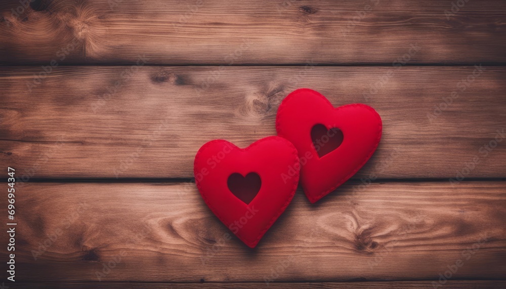 Valentines day background with two red hearts on wooden background