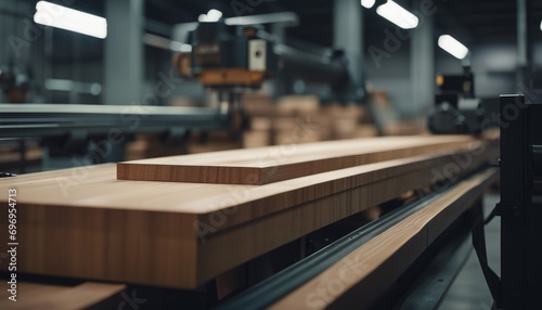 Wood boards on a woodworking machine in a modern furniture factory