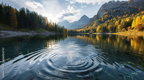 Rippling Waves:  A serene lake disrupted by the ripple effect of seismic activity, distorting the reflection of surrounding mountains and trees photo