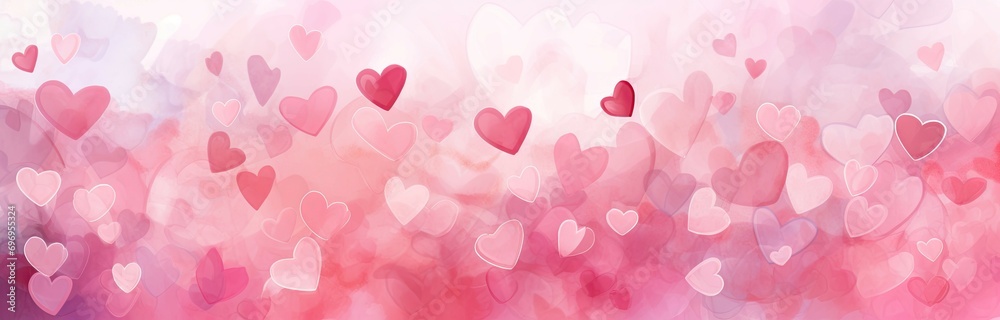 Pink background with hearts, in the style of delicate watercolor. Valentine's Day Concept