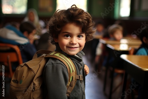 Cute little schoolboy with a colorful backpack sitting in a bright and cheerful classroom