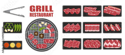 Grilled meat and crispy vegetables, top view buffet food carved design Cartoon style vector illustration restaurant menu design template food on the grill Isolated on the background, easy to edit.