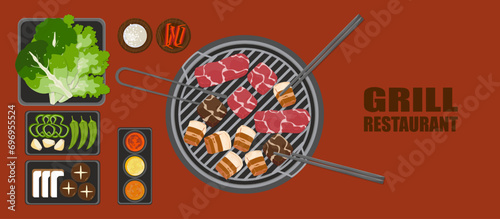 Grilled meat and crispy vegetables, top view buffet food carved design Cartoon style vector illustration restaurant menu design template food on the grill Isolated on the background, easy to edit.
