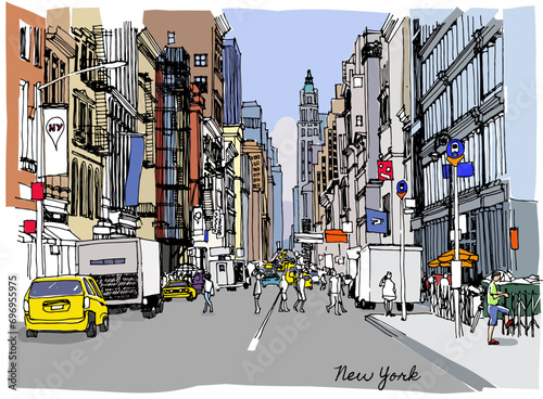 Colorful vector illustration of New York. Street in perspective. Broadway. Ink drawing of an Avenue with set of skyscrapers.