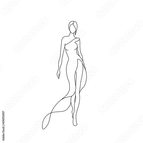 Fashion woman abstract silhouette, continuous line drawing, beautiful girl in long dress, single line on white background, isolated vector illustration. Tattoo, print and logo design, beauty salon.