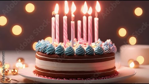 Happy Birthday cake with Gift and decoration srpinkles candles blowing on cake and balloons and decoration rising in the air motion on tint pink background photo