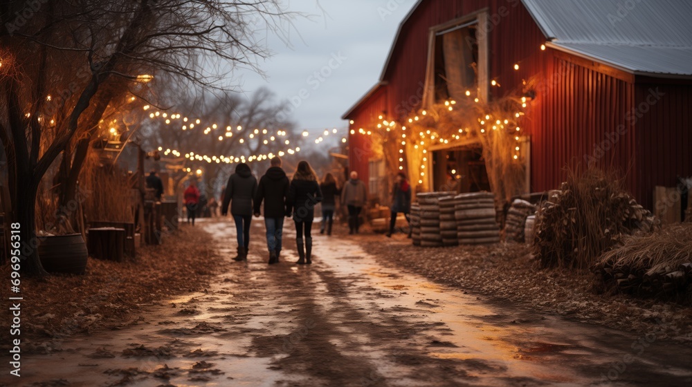 a twilight scene at a rural farm, where a group of people walk towards a warmly lit barn under a canopy of hanging lights amidst bare trees.