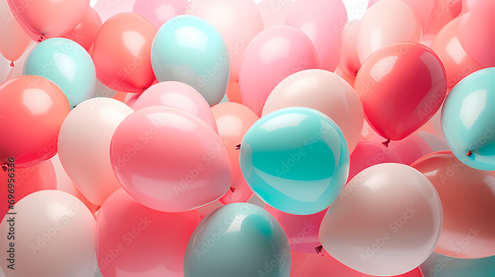 Colorful celebration balloons in coral, pink and aqua colors, colorful background, festive background