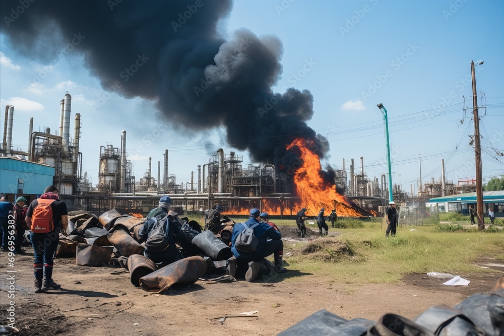 Obraz premium Start of a New Day. Two Workers Observing the Oil Refinery, Signifying a Fresh Beginning