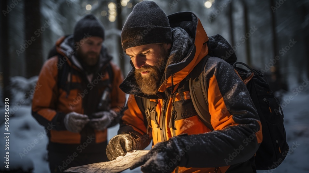 hushed silence of a snow-covered forest, two hikers consult a map by the light of their headlamps, a scene of teamwork and navigation in the wild hushed silence of a snow-covered forest, two hikers consult a map by the light of their headlamps, a scene of teamwork and navigation in the wild