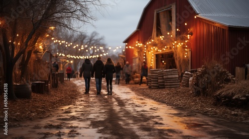 a twilight scene at a rural farm, where a group of people walk towards a warmly lit barn under a canopy of hanging lights amidst bare trees.