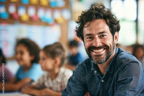 Portrait of a smiling teacher in front of his class with enthusiastic young pupils learning photo