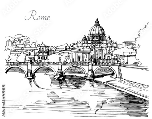 Vector black and white image of italy. View of the bridge and the castle of St. angels in Rome. Graphics sketch. Hand draw. For cards, t shirt, wallpaper