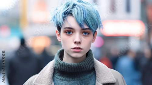 Portrait of a young personality with blue hair in the city. The concept of transgender identity photo