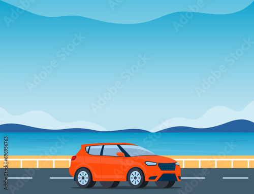 Traveling by car. Car drive along road towards trip adventure. Summer vacation tourism background with sea, beach and mountains. Vector illustration. © Alena