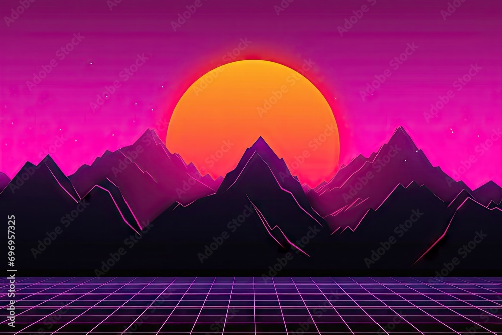 80s style scifi, purple background sunset black gray mountains futuristic illustration poster template Synthwave banner