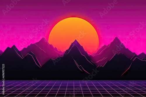 80s style scifi  purple background sunset black gray mountains futuristic illustration poster template Synthwave banner