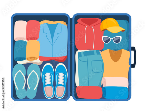 Suitcase with packed clothes for travel in top view. Clothing, footwear and accessories. Personal belongings in luggage, going on vacation, journey or business trip. Vector illustration.