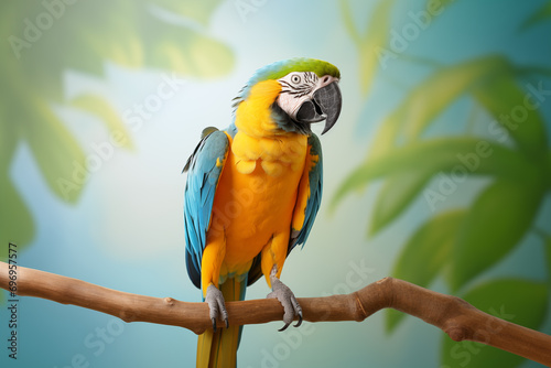 blue and yellow macaw, ara, tropical background