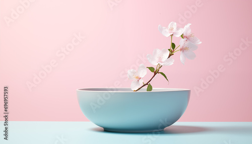 cherry blossom in a blue bowl, pastel background