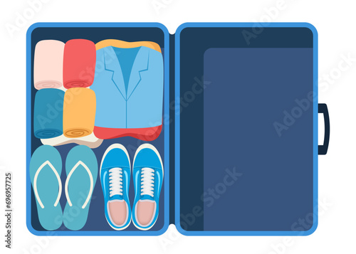 Suitcase with packed clothes for travel in top view. Clothing, footwear and accessories. Personal belongings in luggage, going on vacation, journey or business trip. Vector illustration.