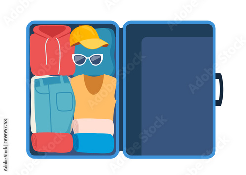 Suitcase with packed clothes for travel in top view. Clothing, footwear and accessories. Personal belongings in luggage, going on vacation, journey or business trip. Vector illustration.