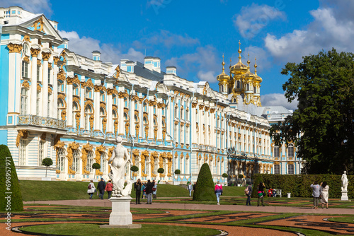 Pushkin, Russia - September 5, 2023: Catherine Palace is a rococo style palace located in the city of Tsarskoe Selo, 30 km south of St. Petersburg, Russia.