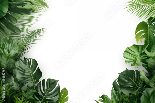 big green leaves of tropical plant monsterra with holes, palm branch, floral arrangement, collage, white background