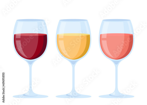Wine glasses. Different wine types red, white, pink alcoholic drinks collection, restaurant glassware. Vector illustration.