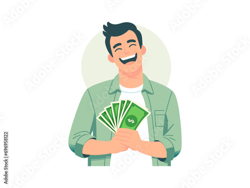 young man guy in t-shirt posing on white background portrait concept mock up holding fan of cash money dollar