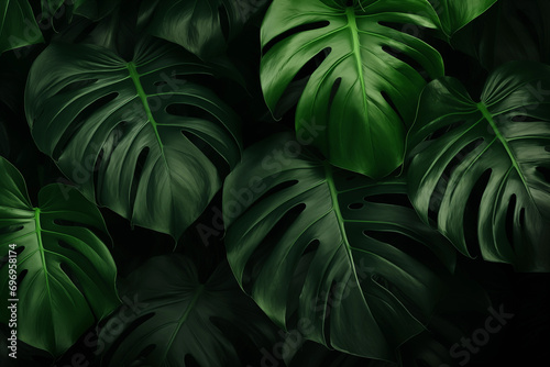 plant monstera, dark botanical background from green big smooth leaves green tropical