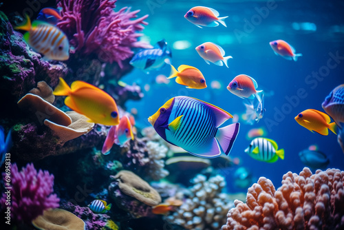 fishes close-up in tropical sea underwater multicolored on coral reef, aquarium oceanarium, wildlife, blurred background