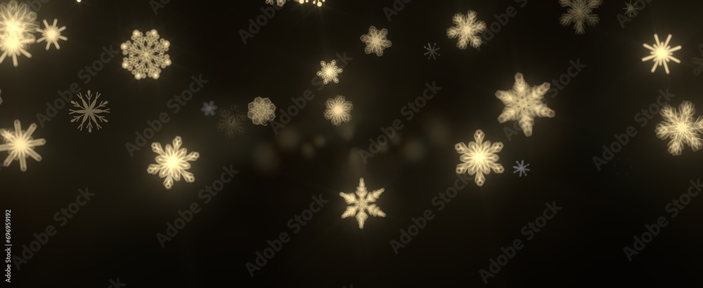 Snowflakes and bokeh lights on the blue Merry Christmas background. 3D render