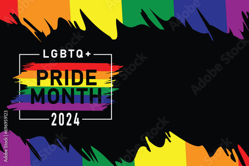 Happy pride month 2024 text with lgbtq+ colors vectors illustration. concept for respecting and supporting the diversity of LGBTQ+ genders in pride month.