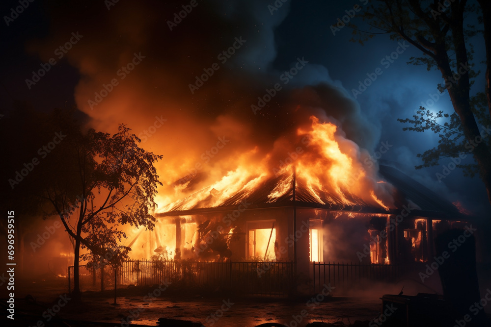 fire, burning one-storey building house at night, glimmers, smoldering