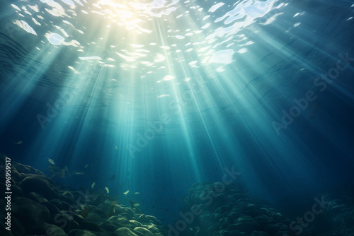 underwater  flow rays of sunlight penetrating from surface in depth  waves above  nobody  stones