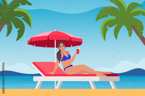 Woman dressed in swimsuit sunbathing on the beach with cocktail in her hand and smiling. Summer vacations. Beautiful sexy girl in bikini. Vector illustration.