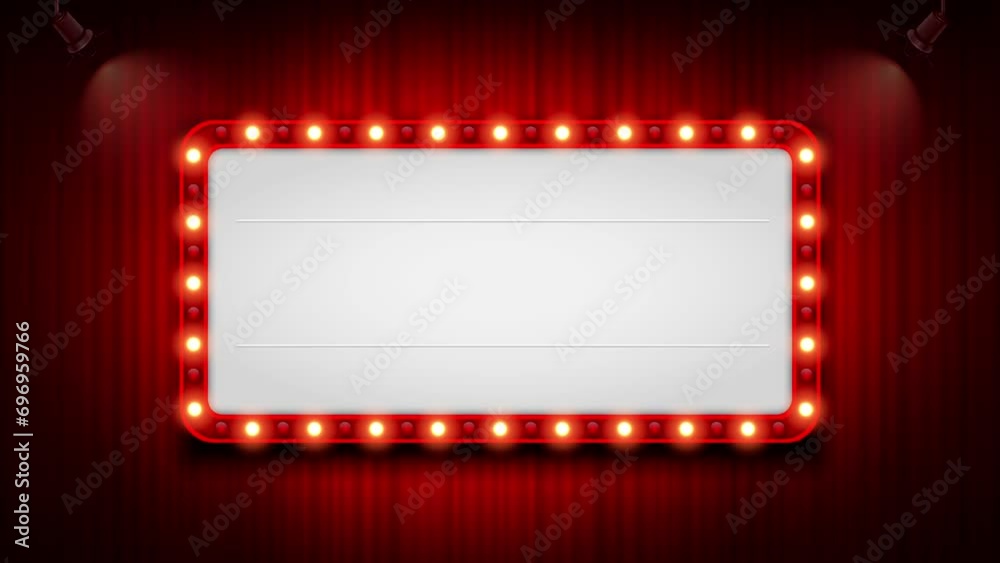 Theater cinema sign on red curtains with spotlight. 4k animation. You can put text easily.
