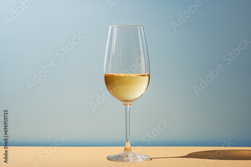 glass of white wine on empty table, yellow background, sharp shadow