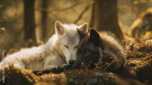 A black and a white wolf sleeping together in a forest