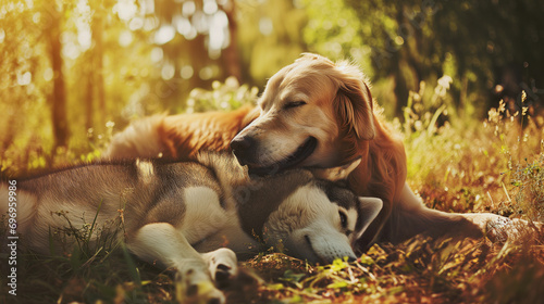 Two dogs, a golden retriever and a siberian husky, sleeping together in the forest during a beautiful sunset photo