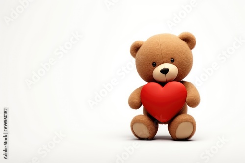 A brown teddy bear holds a red teddy heart, a symbol of love and romantic relationships. Valentine's Day concept. Space for text.