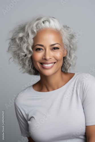 Portrait of Beautiful Biracial Adult Model with Gray Hair Smiling
