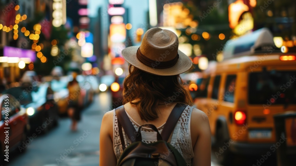 Tourist Woman Exploring New York City with Hat and Backpack Tourist Woman Exploring New York City with Hat and Backpack