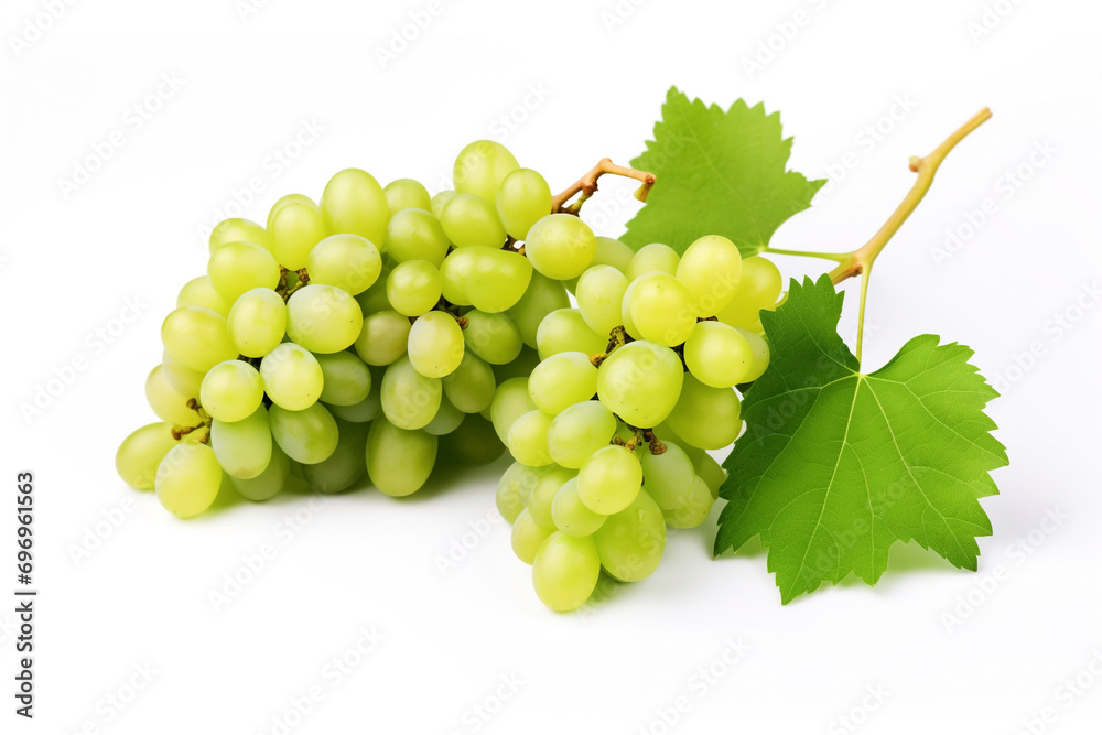 grapes green ripe bunch, two with leaves, isolated on white background selective focus grapes green ripe bunch, two with leaves, isolated on white background selective focus