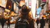 Tourist Woman Exploring New York City with Hat and Backpack