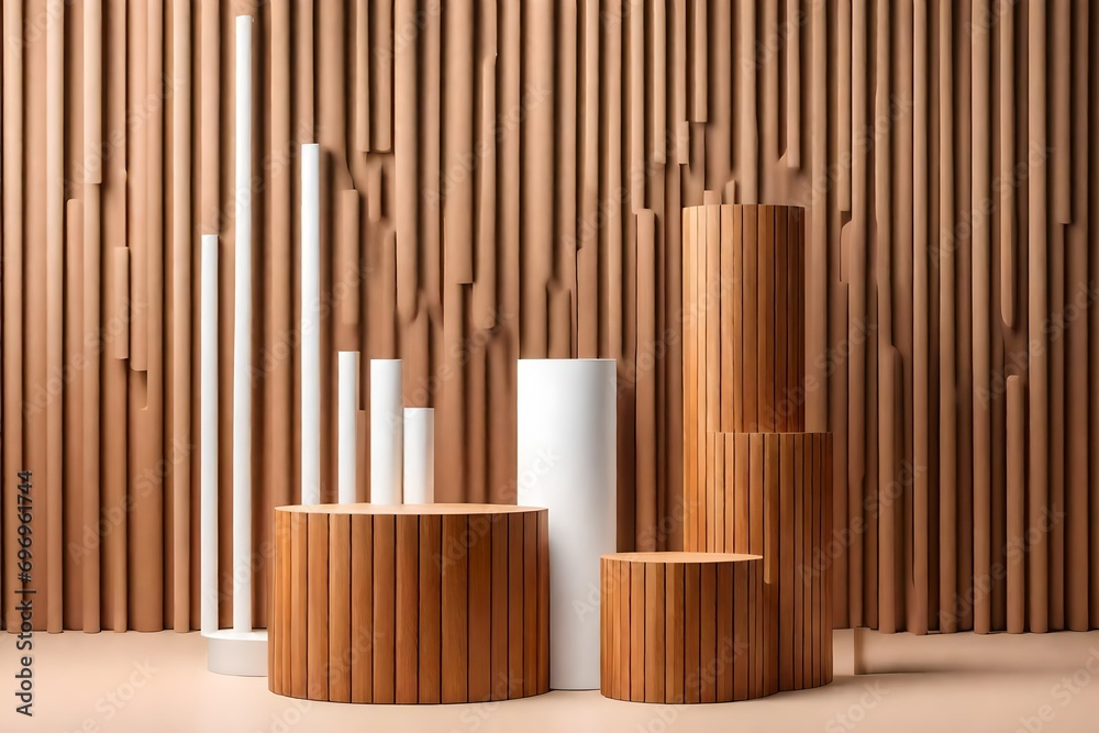 Realistic brown wood and white 3D cylinder pedestal podium with vertical wood pattern background. Abstract minimal scene for mockup products, stage showcase, promotion display. Vector geometric forms. Realistic brown wood and white 3D cylinder pedestal podium with vertical wood pattern background. Abstract minimal scene for mockup products, stage showcase, promotion display. Vector geometric forms.