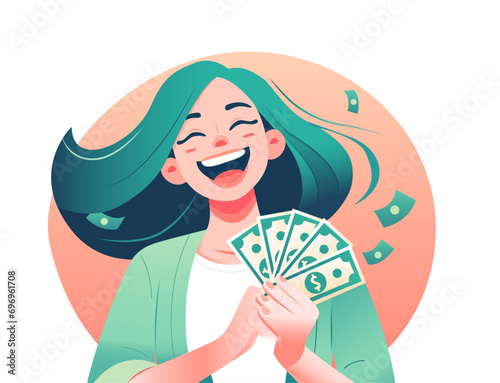 young woman lady in t-shirt posing on white background portrait lifestyle concept mock up holding cash money dollar